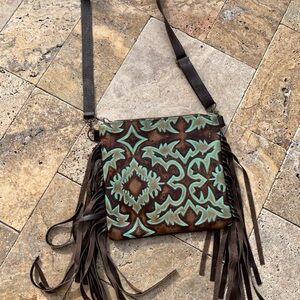 Brown and Green Fringe Crossbody Bag genuine leather with matching wallet
